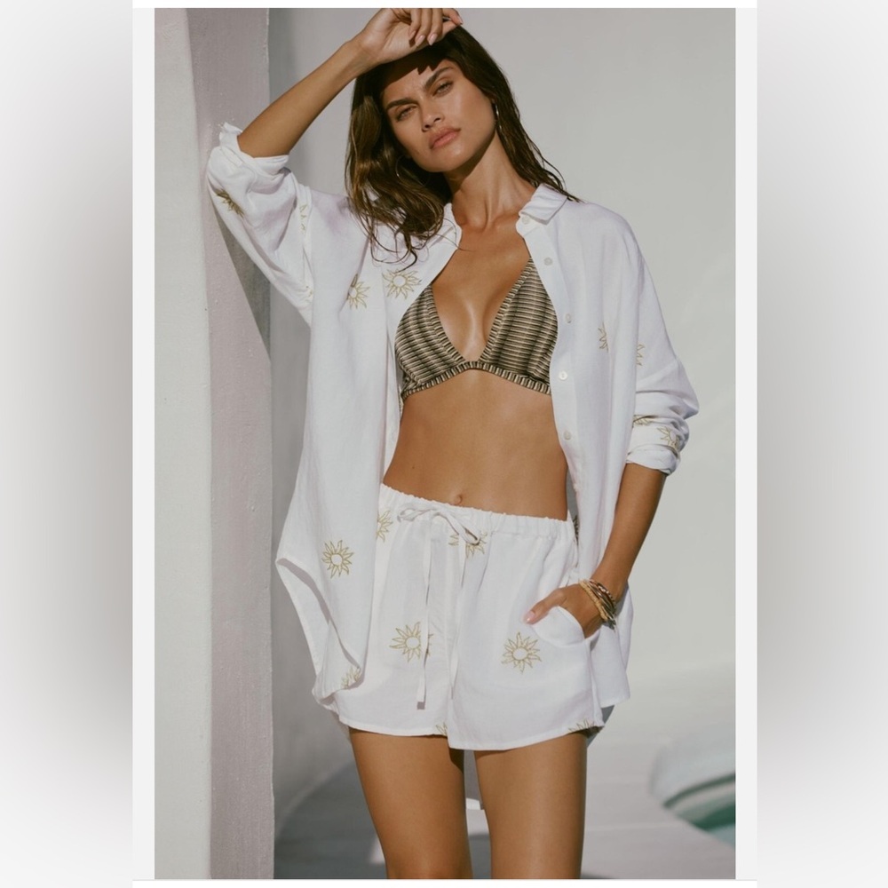 Anthropologie poplin white linen gold embroidered sun drawstring shorts 2X